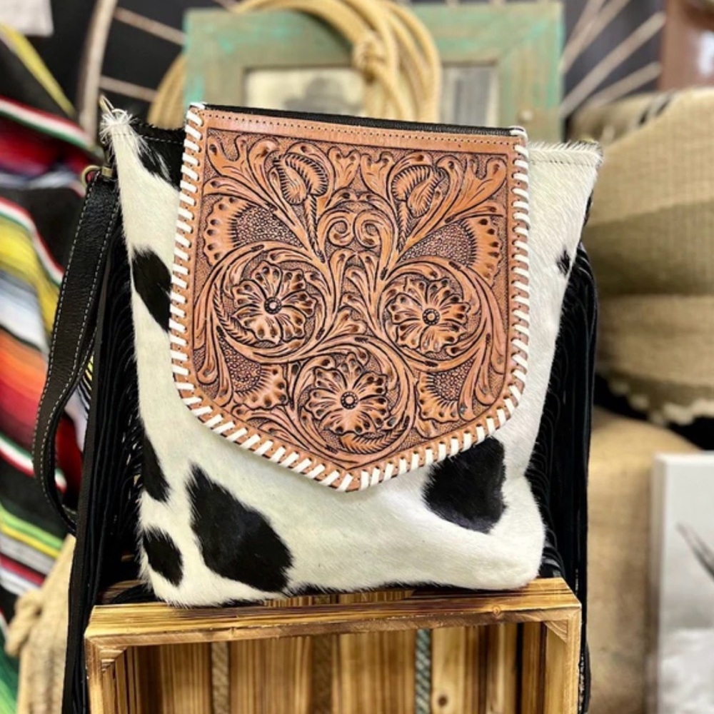 Myra Bag Black & White Cowhide Crossbody with Tooled Tan Leather Flap